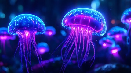 Fototapeta premium A mesmerizing underwater scene featuring glowing jellyfish with vibrant neon colors illuminating a mystical aquatic environment.