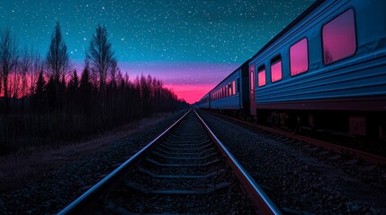 A serene twilight scene of empty railway tracks leading to a distant train under a starry night sky