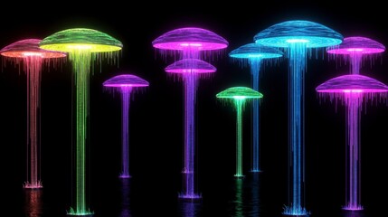 A surreal and colorful digital representation of glowing jellyfish-like shapes illuminating a dark water surface with vibrant neon colors