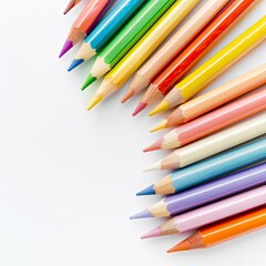 Colorful pencils arranged on white background;  classroom supplies, art project