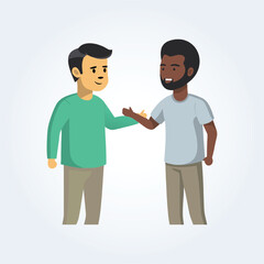A character illustration of a black man and a white man, talking to each other