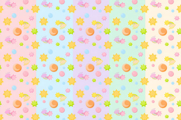 Whimsical Rainbow Starfall Pattern. A seamless pastel design with playful comets, bubbles, and dreamy celestial shapes.