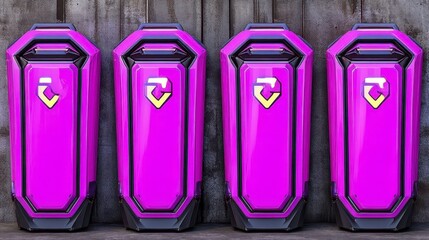 A vibrant collection of four futuristic, purple storage containers lined up against a rustic wooden background for sci-fi and gaming themes