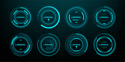 Set of blue futuristic loading bars and circles with text. Vector hud interface elements with progress indicators for ux design. © hiten666