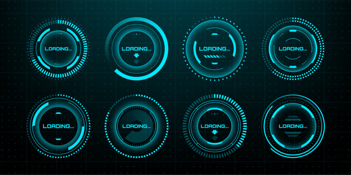 Set of blue futuristic loading bars and circles with text. Vector hud interface elements with progress indicators for ux design.