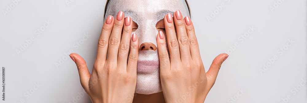 Poster model applying a sheet mask in a minimal background for skincare routine focusing on beauty and self
