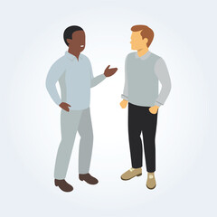 A character illustration of a black man and a white man, in a discussion
