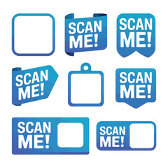 Collection of blue scan me buttons with blank spaces for qr codes