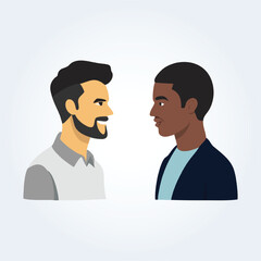 A character illustration of a black man and a white man, side view, and beard