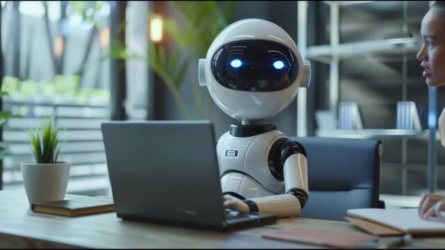 Robotic office worker is fully absorbed in its digital duties in the office interacts working with co-worker.