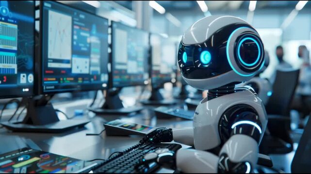 AI robot figure as IT staff, focused on typing at a computer station working withc technical team.