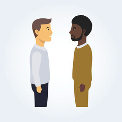 A character illustration of a black man and a white man, standing in side view