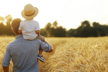 Father carrying his son on his shoulders in a wheat field at sunset