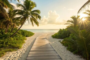 Beautiful tropical beach and sea with coconut palm tree at sunset time - Holiday Vacation concept