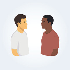 A character illustration of a black man and a white man communicating 