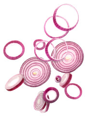 Many flying onion rings on white background