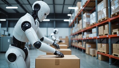 Robots working efficiently in a modern warehouse environment, handling packages against a backdrop of organized shelves and boxes, concept of logistics or automation companies