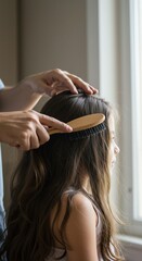 Fototapeta premium Gentle Grooming: The hands of a caregiver tenderly brush a young girl's hair, an intimate moment of care, tenderness, and the simple joys of everyday life. 