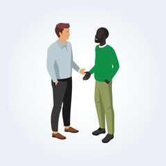 A character illustration of a black man and a white man talking to each other