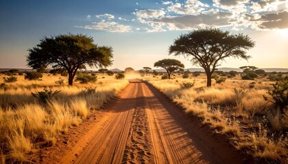 Naklejka premium Sandy Desert Road with Trees at Golden Hour Sunset
