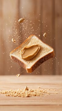 Naklejki Levitating toast with peanut butter captured in mid-air with suspended crumbs and surreal food styling, warm colors and shallow depth.