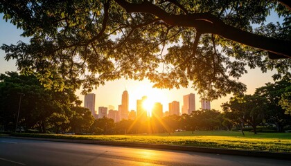 Sunrise urban landscape photography city park nature vibrant environment wide angle view serenity and growth