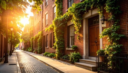 Obraz premium Golden hour stroll charming urban alley photography lush greenery serene atmosphere nature's embrace