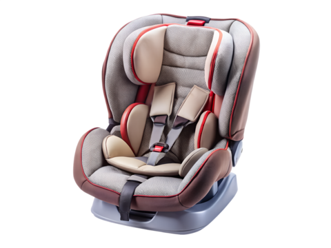 Child car seat with safety harness and padding isolated on transparent background