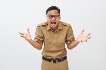 Unhappy Indonesian civil servant man angry and confusing about something