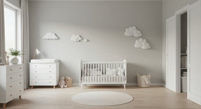 Modern nursery with crib, white furniture, and soft natural light  