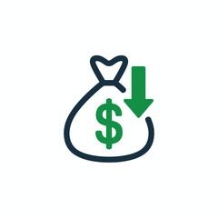 Fototapeta premium Money bag with downward arrow indicating financial loss or decrease