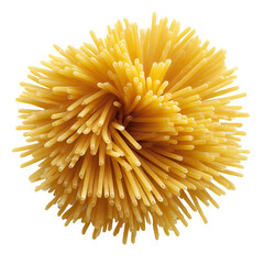 Golden Spaghetti Sphere: a captivating image of raw spaghetti, artfully arranged. Its sunny hue and intricate form captivate the eye, symbolizing simplicity and culinary delight.