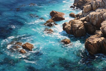 Boulder-strewn coastline with tide flow and turquoise sea  
