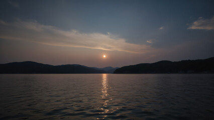Sunset over a tranquil lake between silhouetted mountains, calming scenery