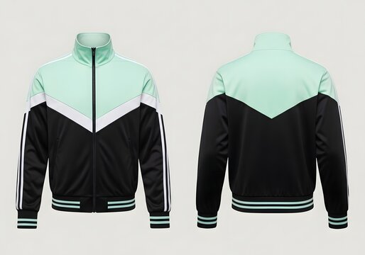 Retro-style track jacket, black and mint green color-blocked design, front and back views.