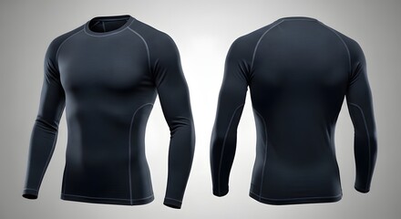 Front and back view of a black long-sleeved compression shirt, showcasing its athletic fit and design details against a neutral background.