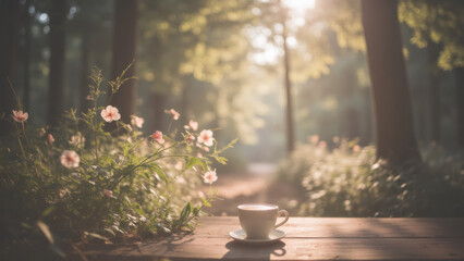 Cup of coffee on a wooden table in the peaceful, sunlit forest