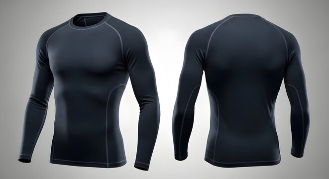 Front and back view of a black long-sleeved compression shirt, showcasing its athletic fit and design details against a neutral background.