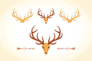 Collection of stylized deer heads and antlers with arrows in a rustic flat design