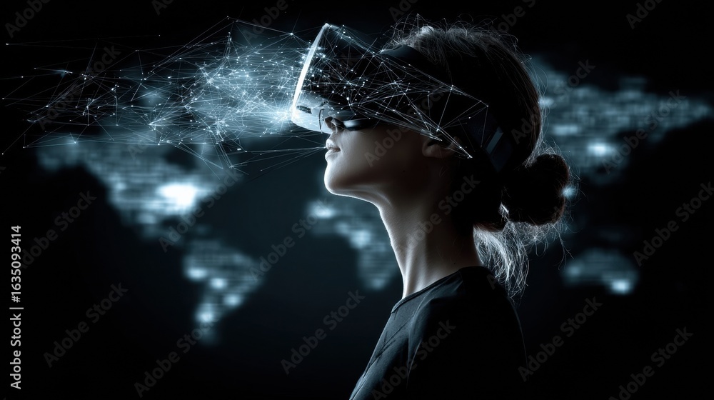 Poster engaging in virtual reality exploration with advanced technology in a dark space