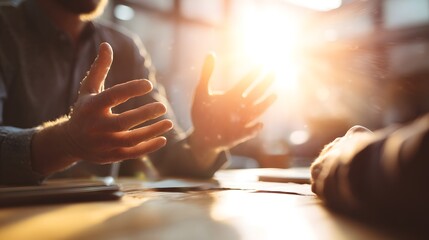 Two people are at a table gesturing with their hands in bright light.