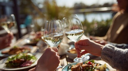 People toasting with white wine glasses at a table outdoors with food.