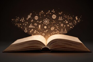 An open book with glowing icons of science and education