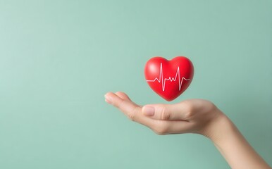 Hand holding a red heart with a pulse line on a pastel green background