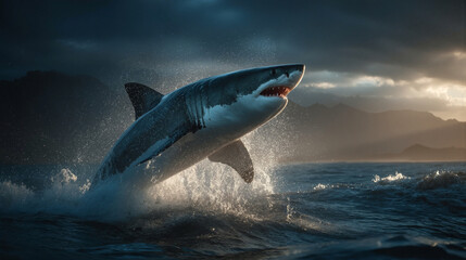 Fototapeta premium A great white shark leaps out of the water in a stunning display of power and beauty.