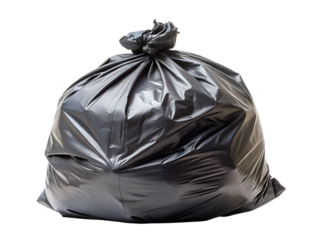 Black plastic trash bag tied shut, full of waste, isolated on transparent background