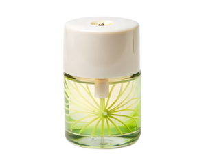 A glass bottle of air freshener with a floral pattern, isolated on a transparent background