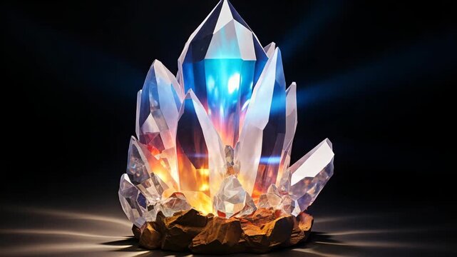A single radiant crystal levitates in the center of a dark background, slowly rotating as it emits a gentle, ethereal glow The crystal casts luminous, multicolored reflections onto the su 4K