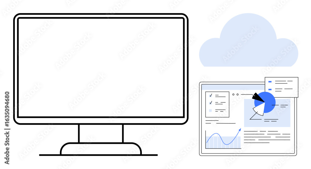 Poster computer monitor alongside a digital dashboard featuring graphs, charts, and cloud icon. ideal for d