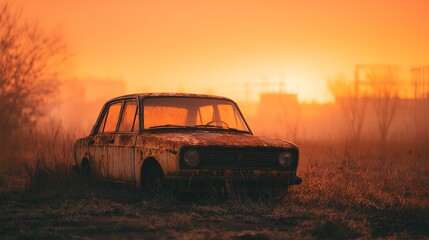 Fototapeta premium grainy photo of old car parked in overgrown field, sunset haze